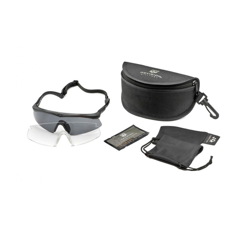 Revision Military Sawfly Eyewear kit featuring adjustable glasses, clear lenses, and a protective carrying case.